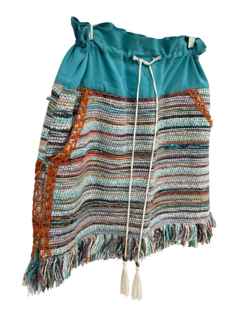 Tory Burch Runway Gasparina Silk Yarn Boho Knit Fringe Mini Skirt 4 Rare Teal